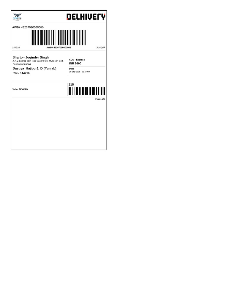 SKYCAM Shipping Details and COD Invoice | PDF