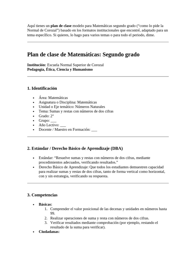 Plan de Clase: Sumas y Restas 2° Grado | PDF | Aprendizaje | Multiplicación