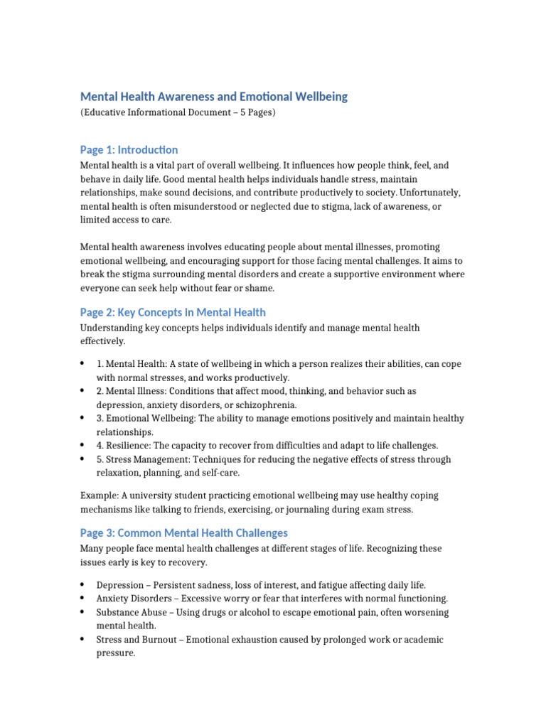 Mental Health Awareness and Emotional Wellbeing | PDF | Mental Health ...