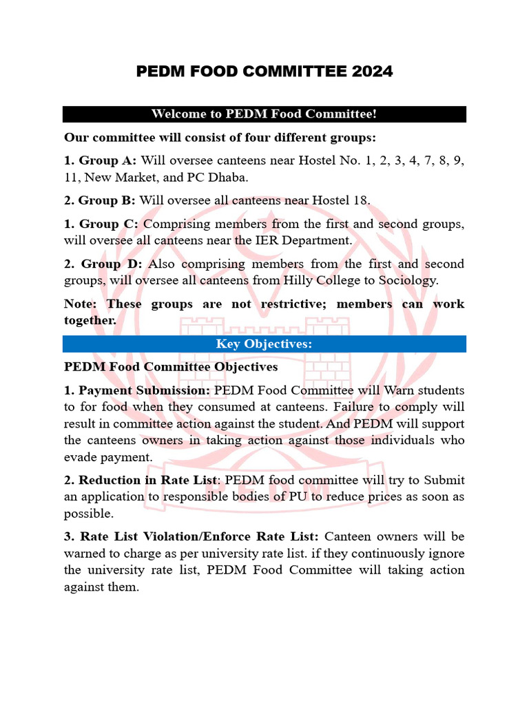PEDM Food Committee Roles | PDF