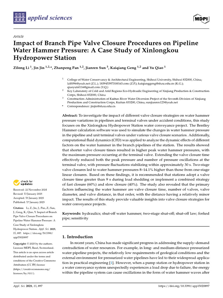 Impact of Branch Pipe Valve Closure Procedures On Pipeline Water Hammer ...
