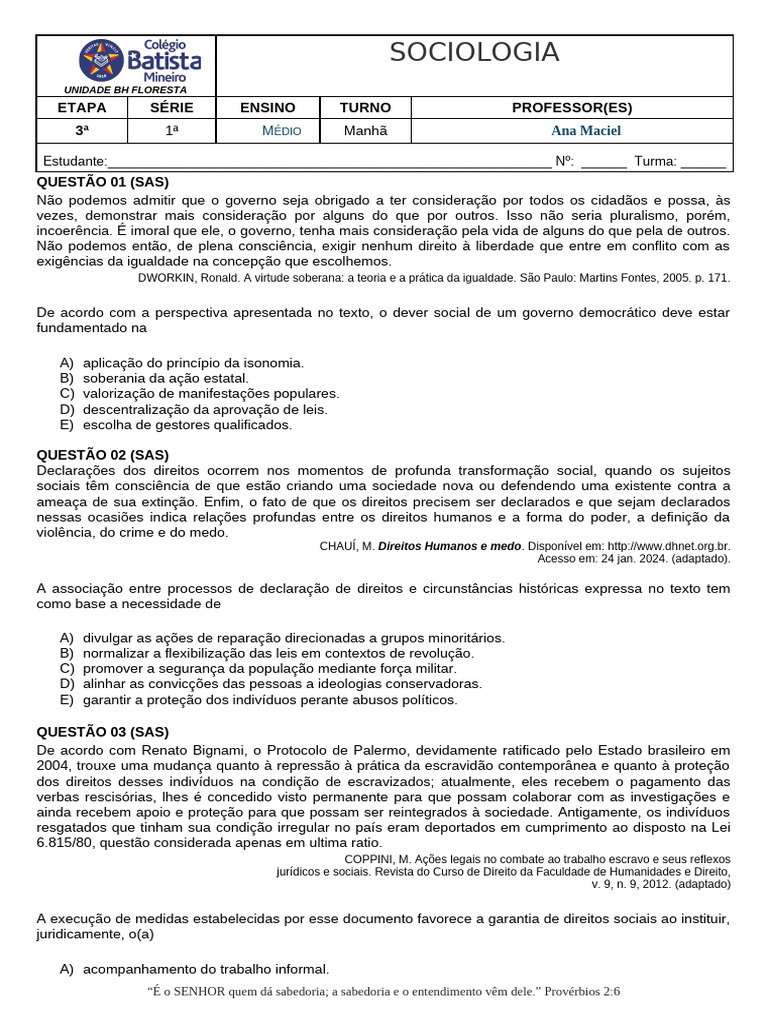 Questões de Sociologia para Ensino Médio | PDF | Cidadania | Democracia
