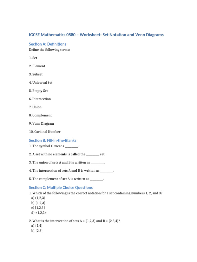 IGCSE Math: Set Notation & Venn Diagrams | PDF