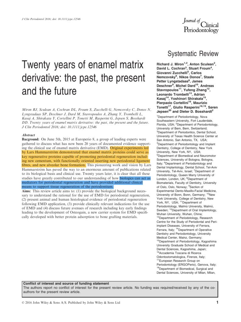 Enamel Matrix Derivative: 20-Year Review | PDF | Periodontology | Wound ...