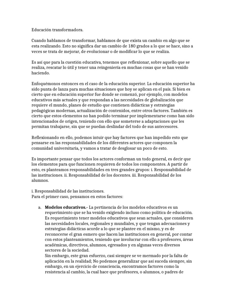 Educación Transformadora | PDF | Plan de estudios | Enseñando