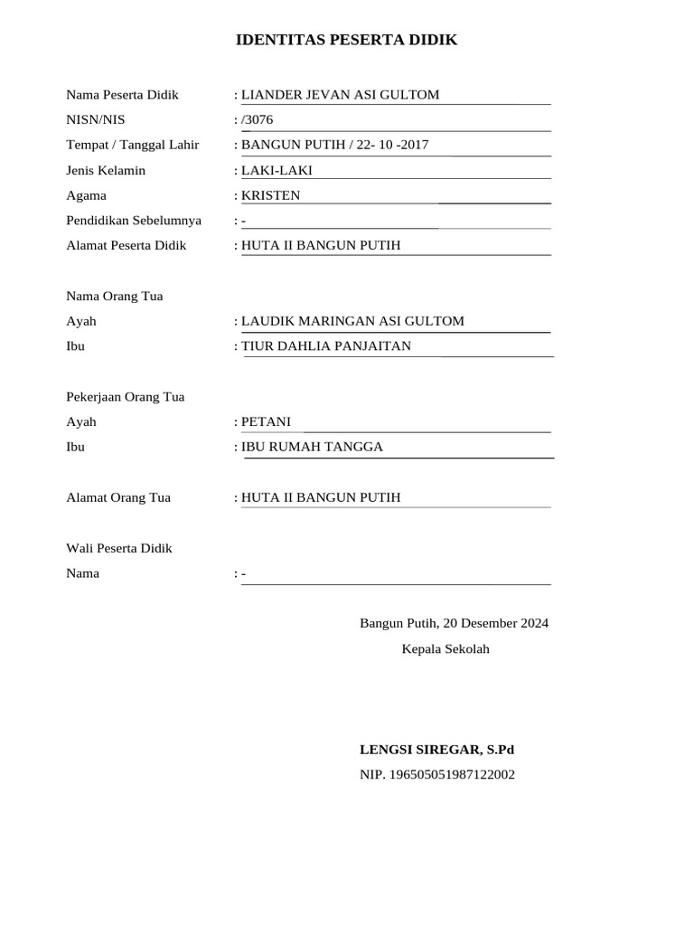 Identitas Peserta Didik Liander Jevan | PDF