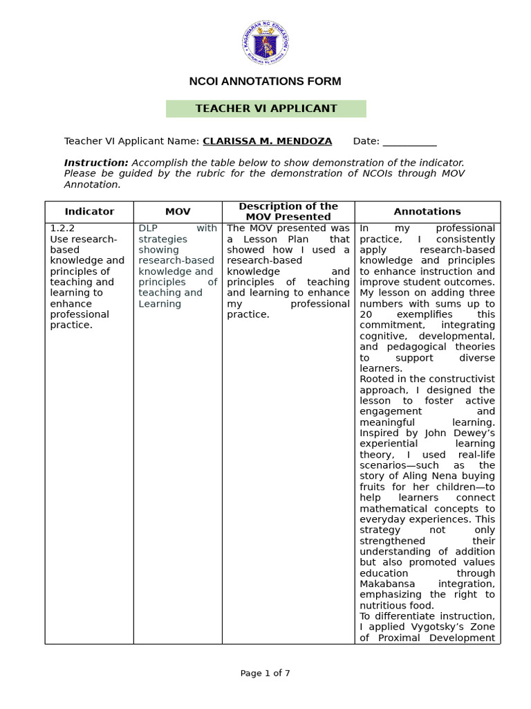 NCOI Annotation Form for Teacher VI | PDF | Learning | Behavioural Sciences