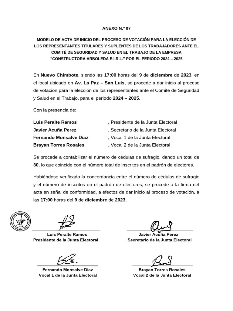 Acta de Inicio Votación Comité 2024-2025 | PDF
