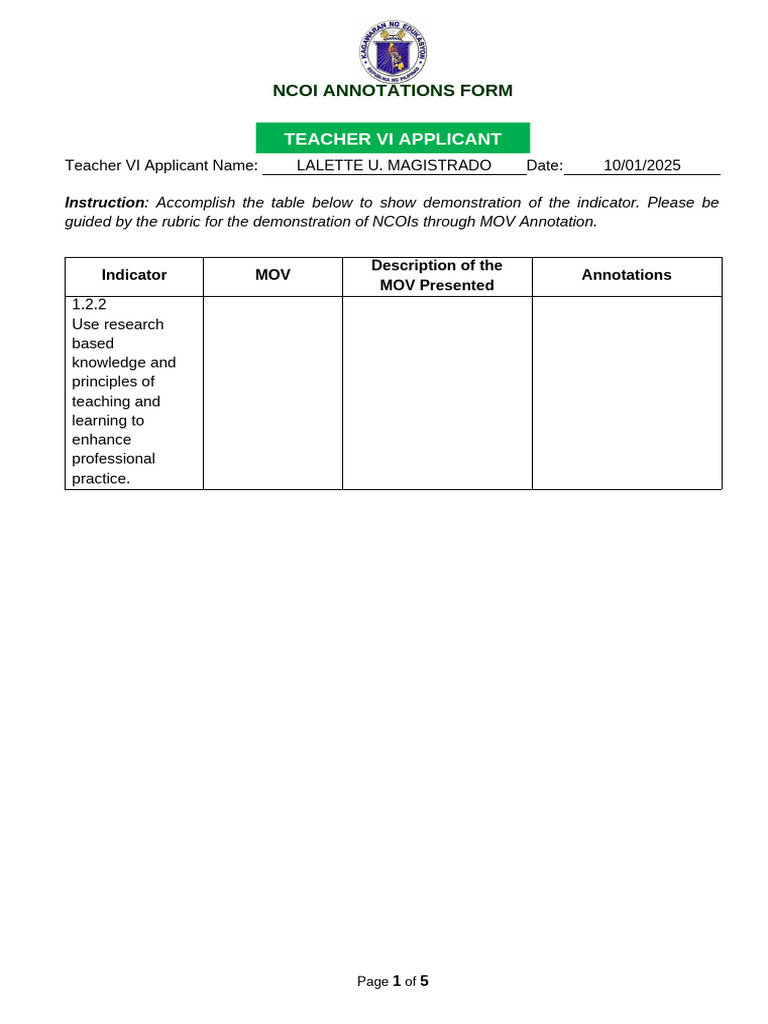 NCOI Annotations Form for Teacher VI | PDF | Learning | Pedagogy