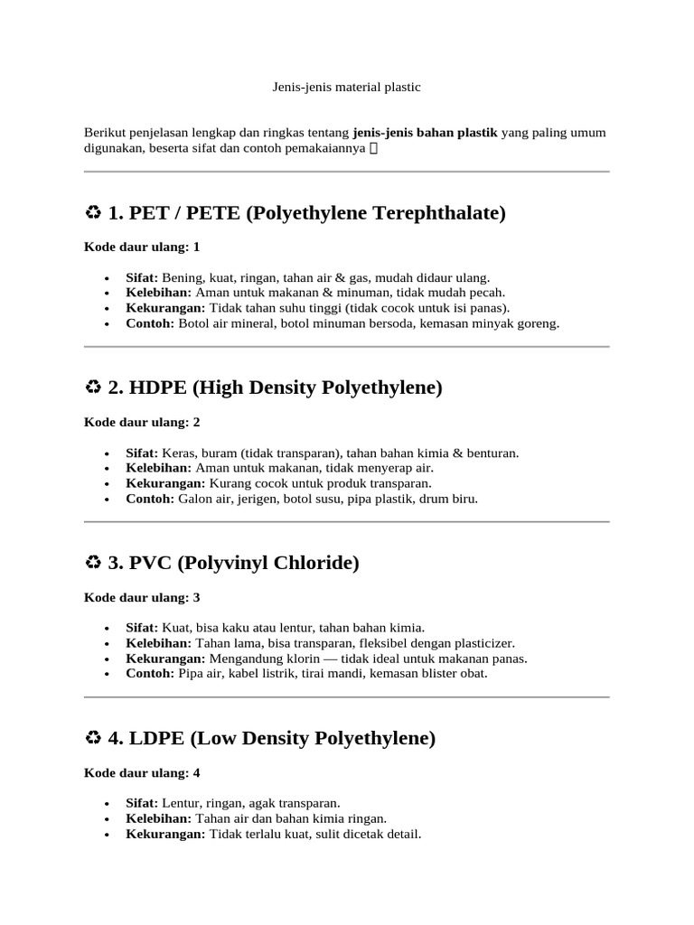 Jenis-jenis Material Plastik dan Contohnya | PDF