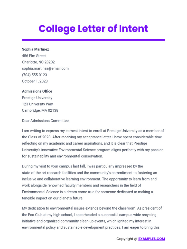 College Enrollment Intent Letter | PDF