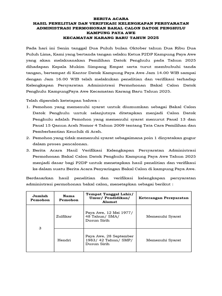 Verifikasi Calon Datok Paya Awe 2025 | PDF