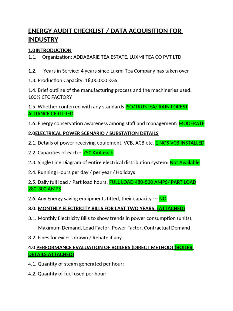 Energy Audit Checklist for Tea Industry | PDF | Pump | Electric Power