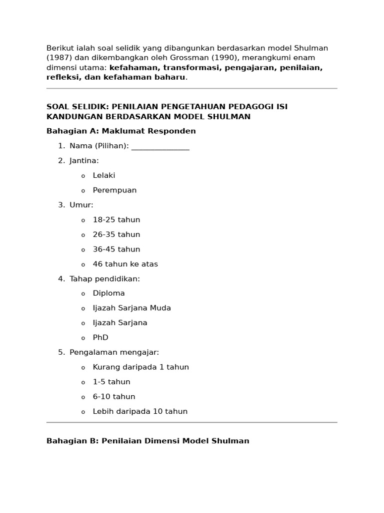Soal Selidik Yang Dibangunkan Berdasarkan Model Shulman | PDF