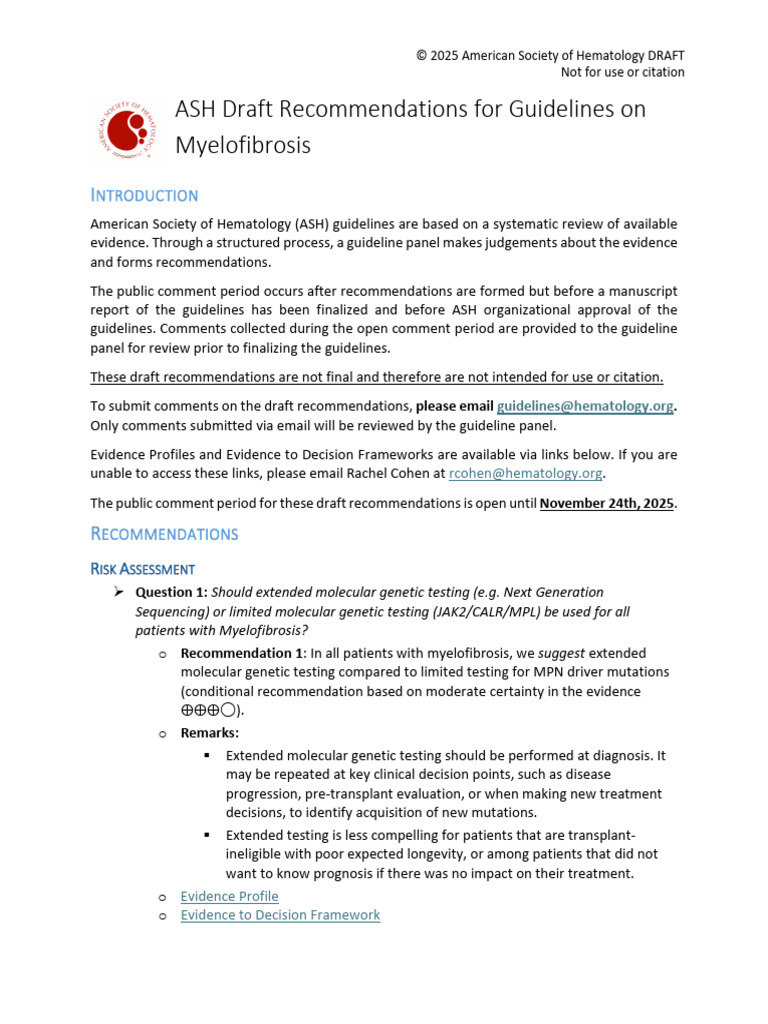 ASH Myelofibrosis Guidelines Draft 2025 | PDF | Anemia | Hematology