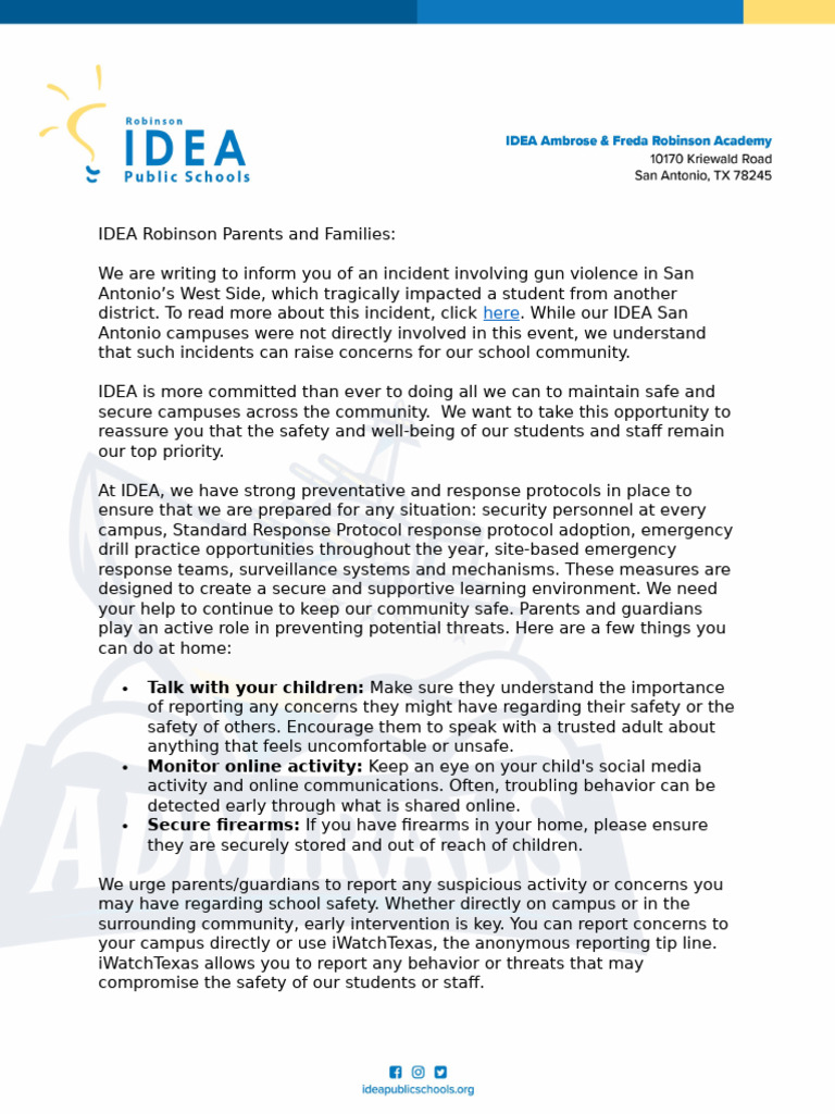 Robinson Parent Letter 4.17.25 | PDF | Safety