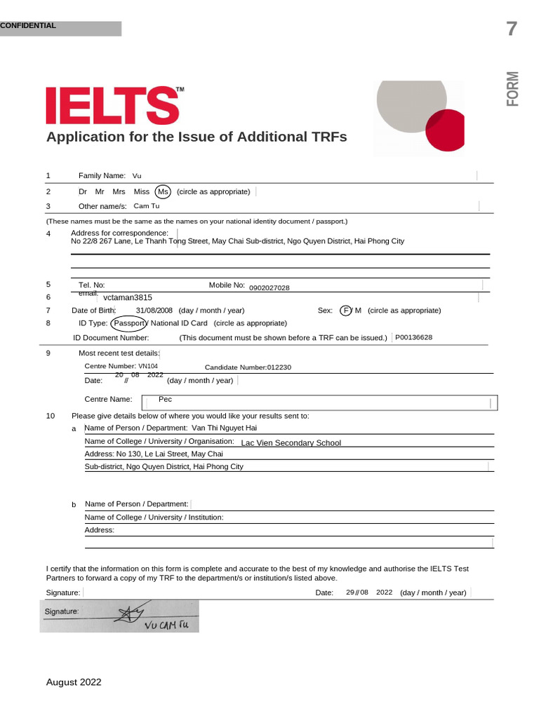 IELTS Additional TRF Application Form | PDF