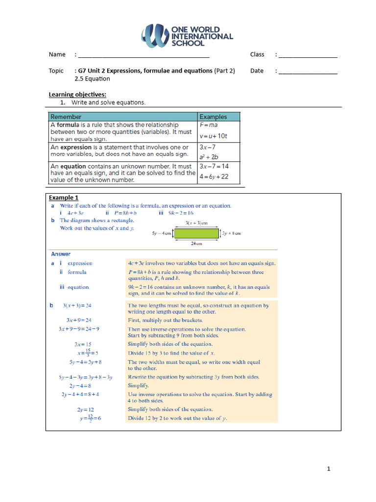 G7 Equations and Expressions Practice | PDF | Equations | Triangle