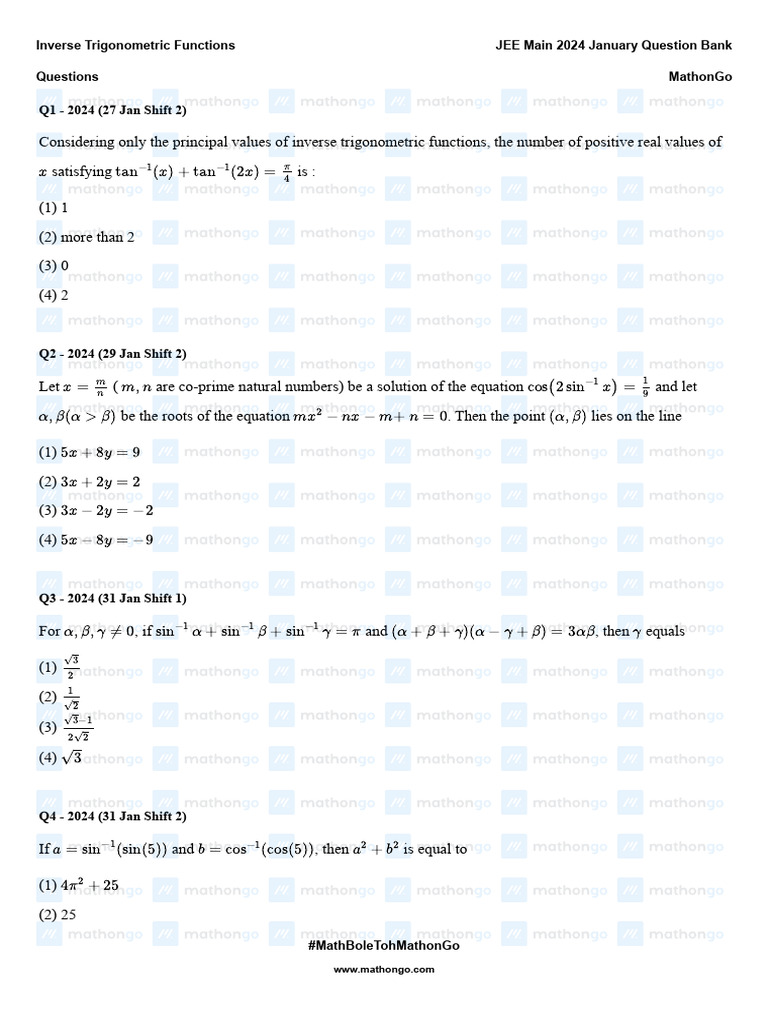 JEE Main 2024: Inverse Trigonometric Questions | PDF | Trigonometric ...