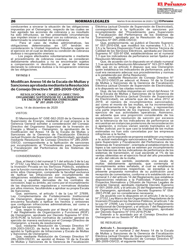 Modificación de Multas OSINERGMIN 2020 | PDF | Multa (pena) | Regulación