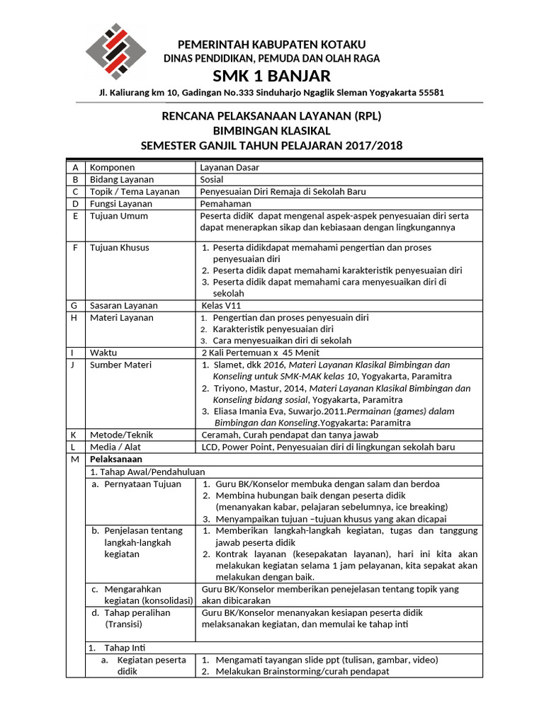 Rencana Pelaksanaan Layanan BK SMK | PDF