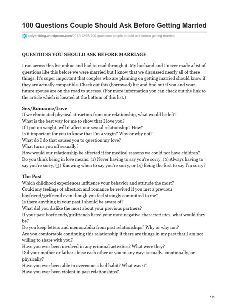 100 Questions Couple Should Ask Before GettingnbspMarried | PDF ...