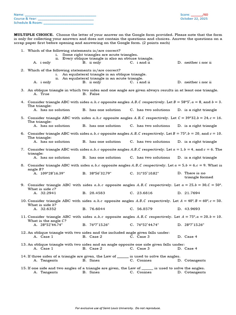 Triangle Problem Solving Quiz | PDF | Trigonometric Functions | Triangle