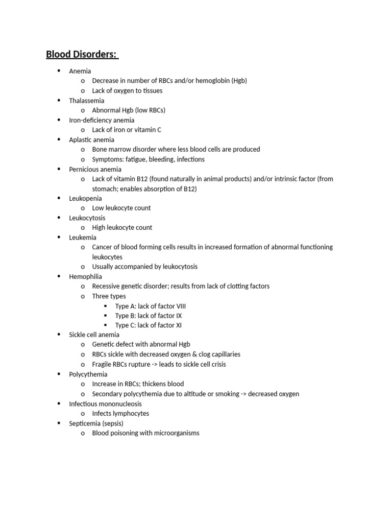 Overview of Blood Disorders and Anemias | PDF