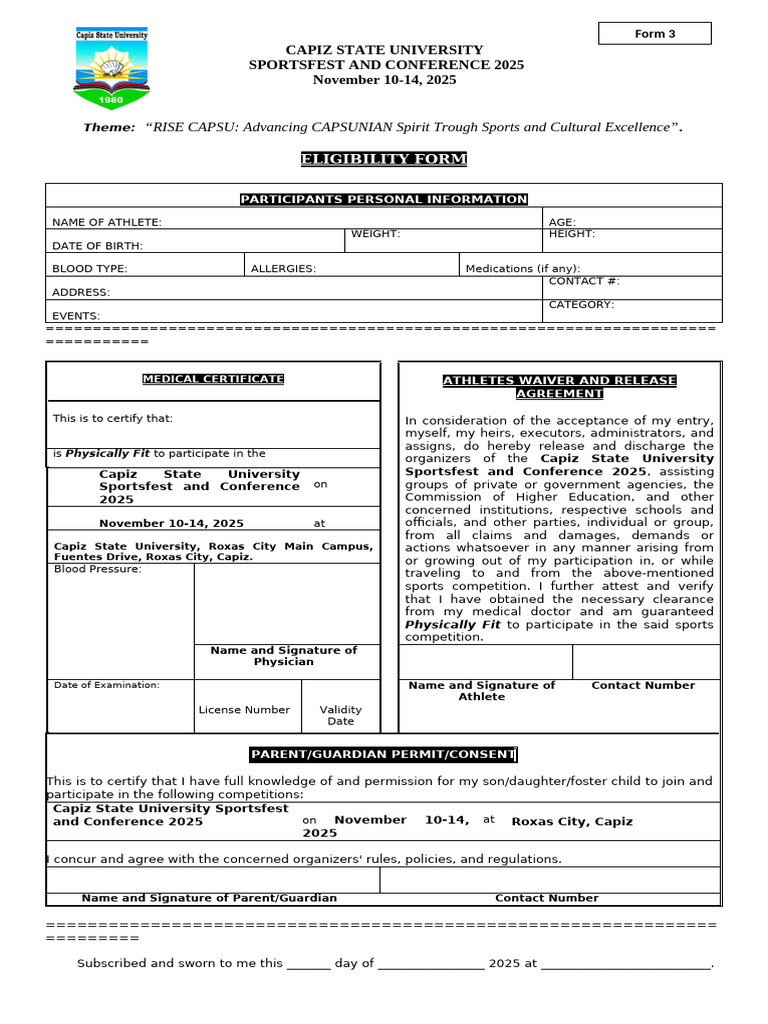 Capiz State University Sportsfest 2025 Form | PDF