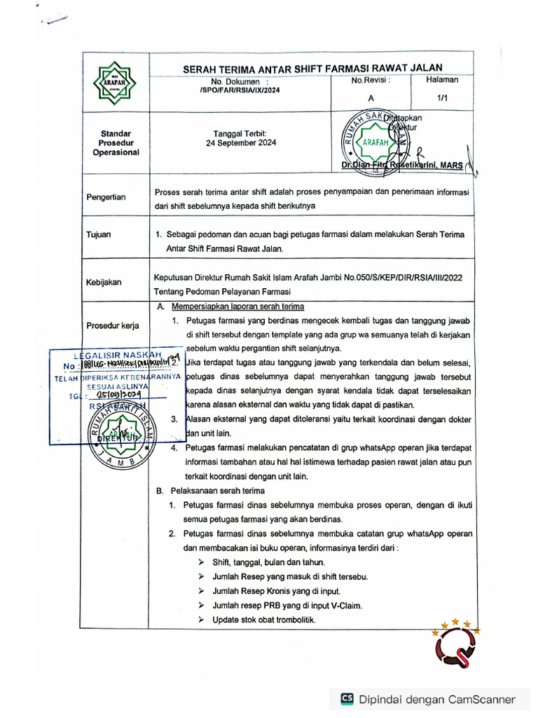 SPO Serah Terima Antar Shift Farmasi Rajal | PDF