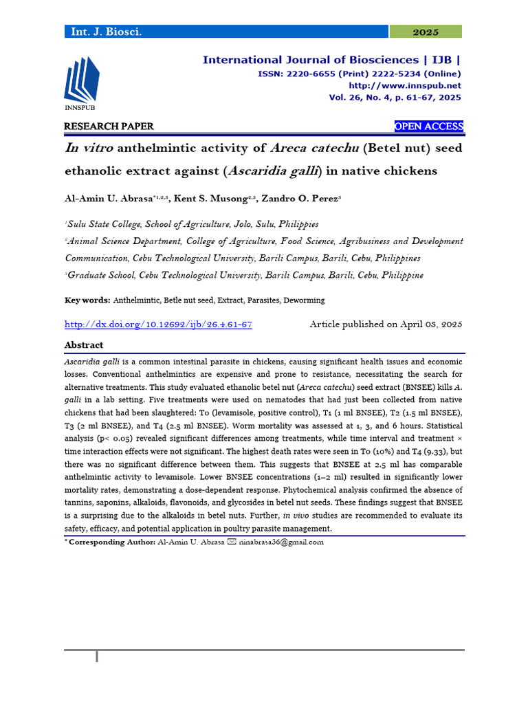 Anthelmintic Effects of Betel Nut Extract | PDF | In Vitro
