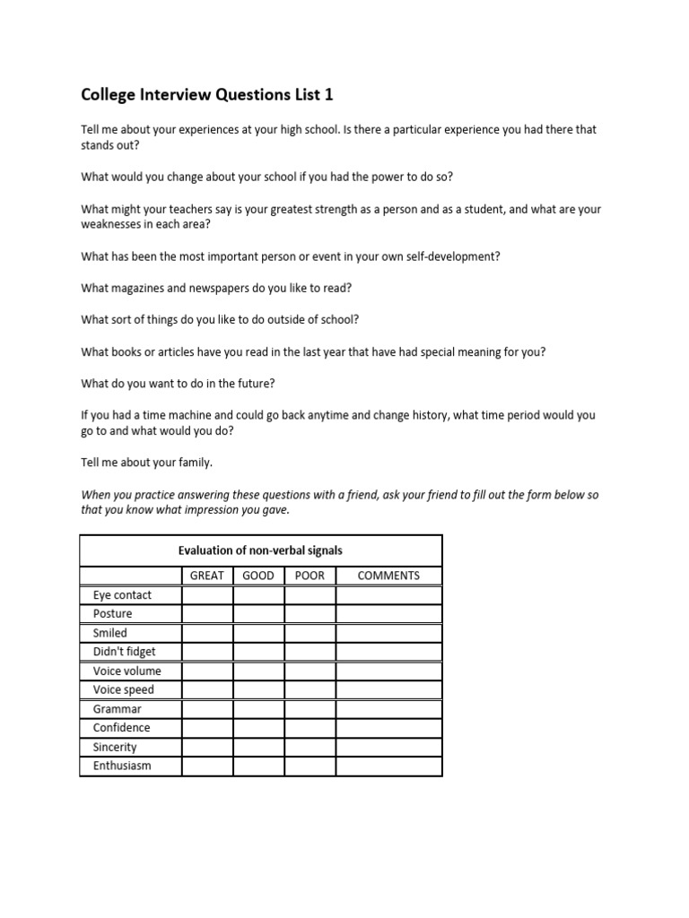 College Interview Questions Pdf Nonverbal Communication Cognition