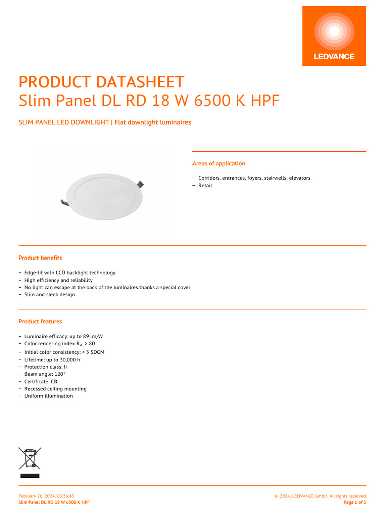 Slim Panel DL RD 18 W 6500 K HPF en | PDF | Radiation | Interior Design
