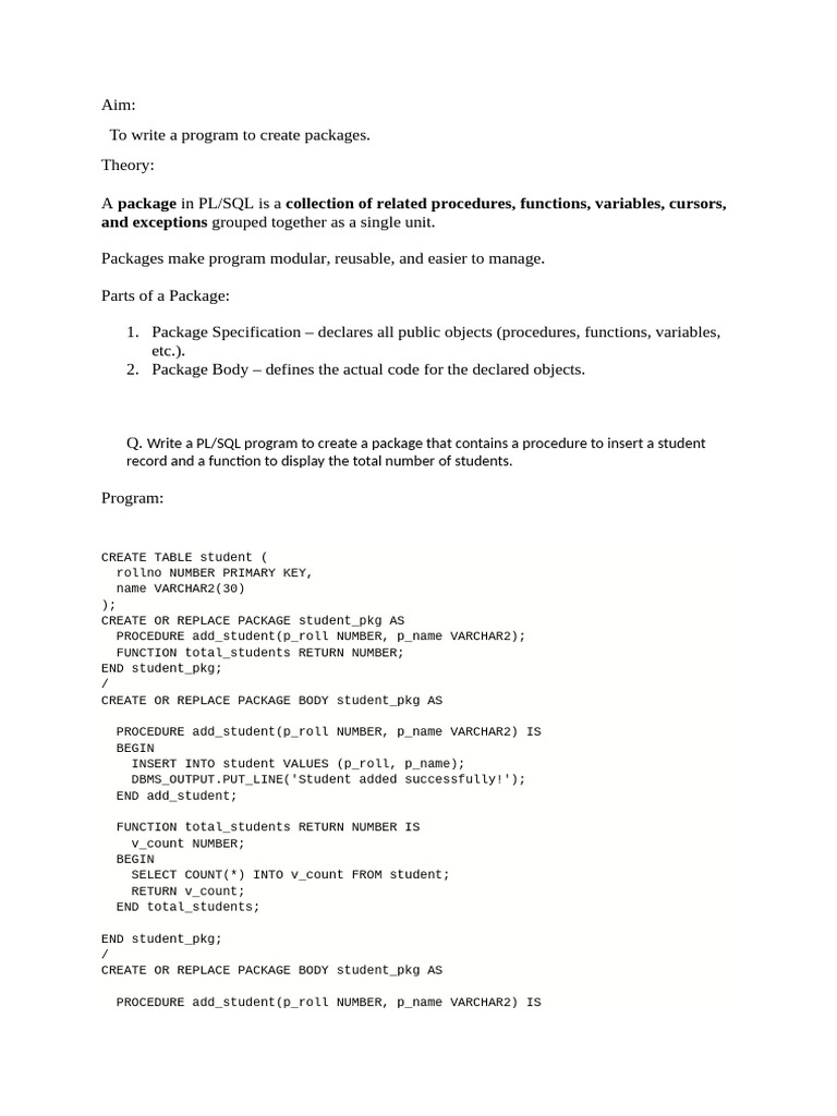 PL/SQL Package for Student Management | PDF
