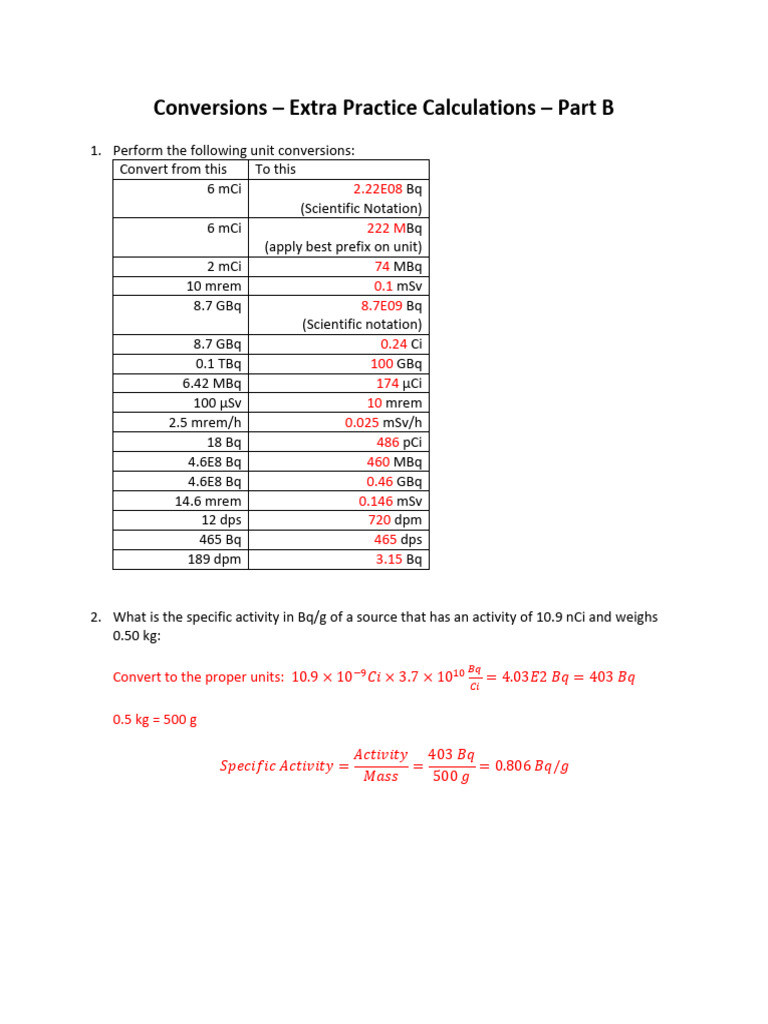 01b Extra Conversions Practice Calculations With Answers 20220201 | PDF
