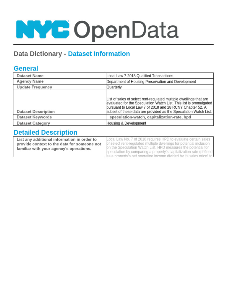 Local Law 7-2018 Qualified Transactions Data Dictionary | PDF ...