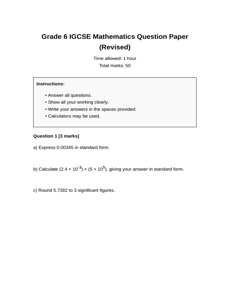 Grade 6 IGCSE Math Exam Paper | PDF | Area | Circle