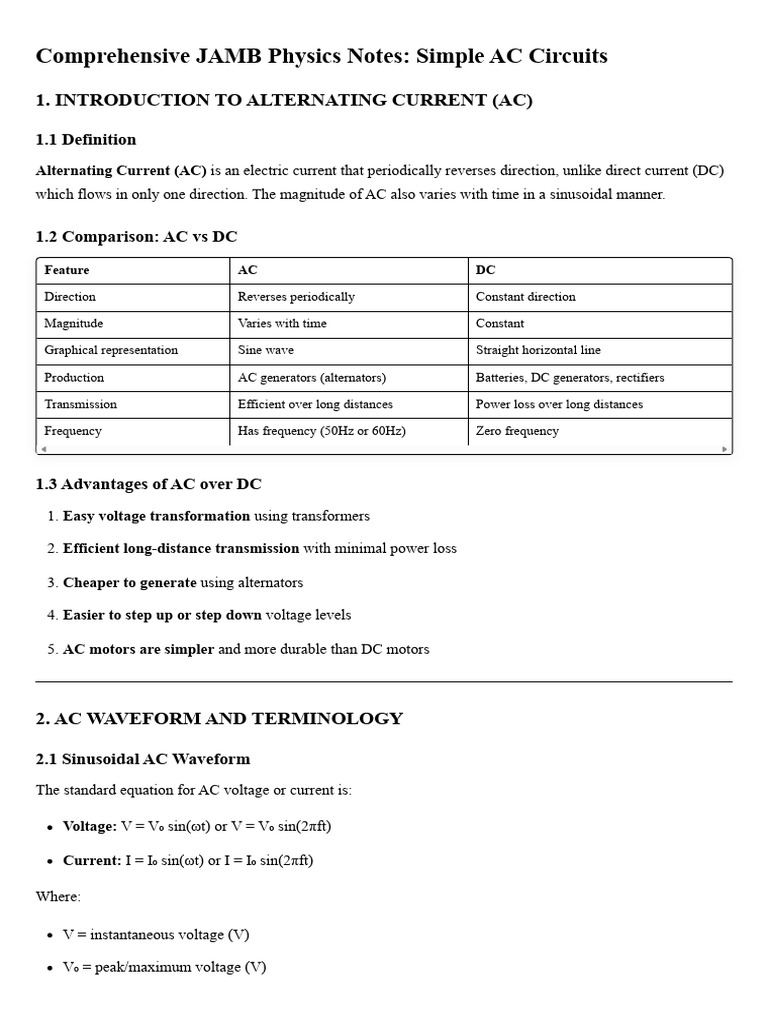 Complete JAMB Physics Notes - Simple AC Circuits | PDF | Inductor ...