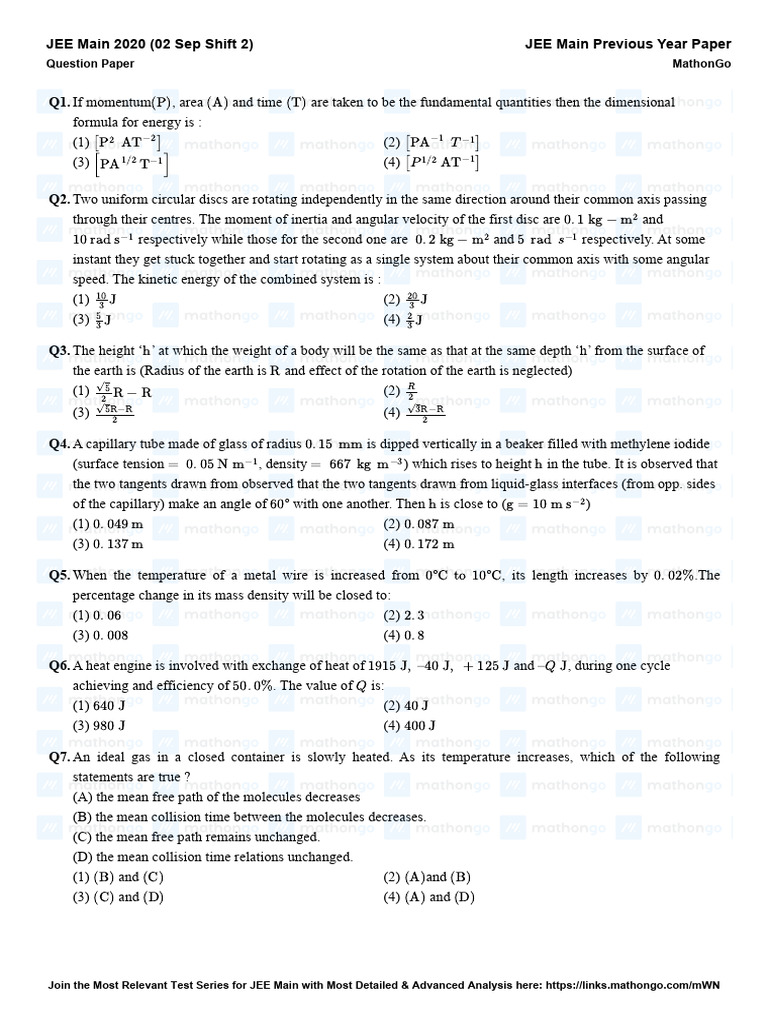 JEE Main 2020 Physics Question Paper | PDF | Inductance | Inductor