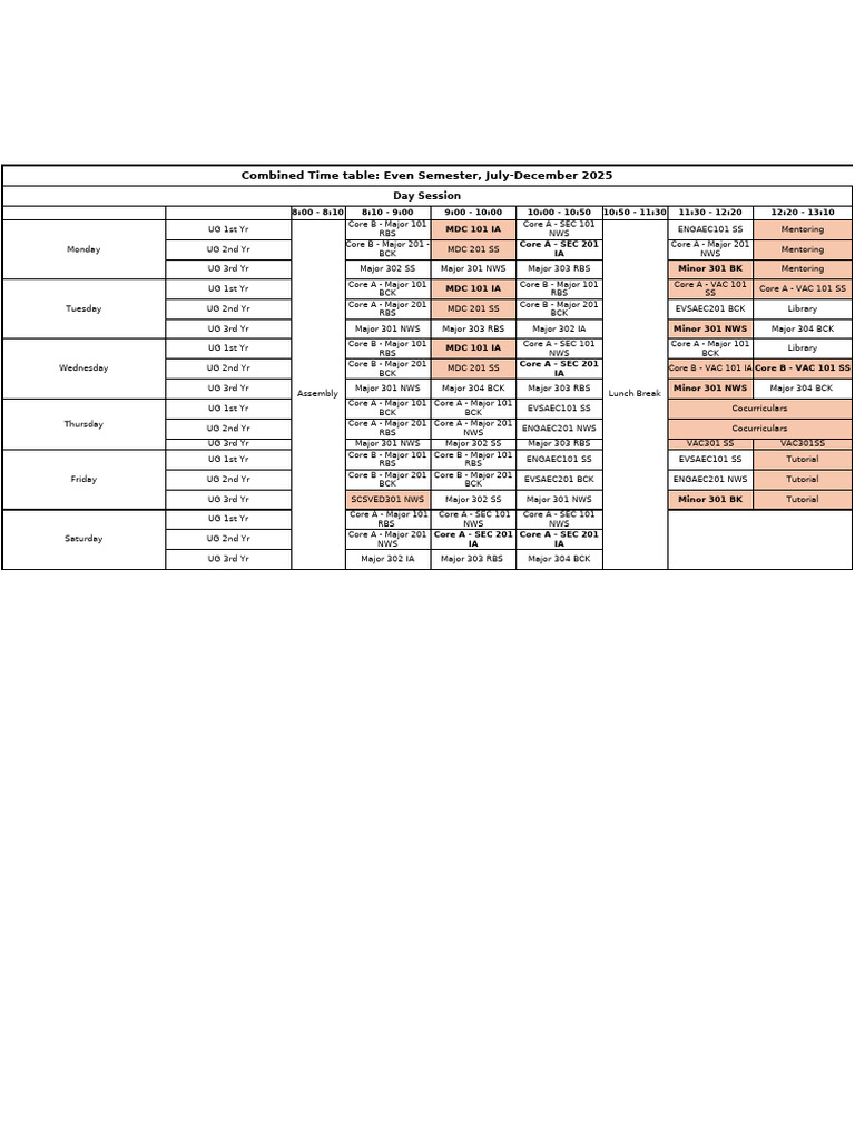 Even Semester Timetable July-Dec 2025 | PDF