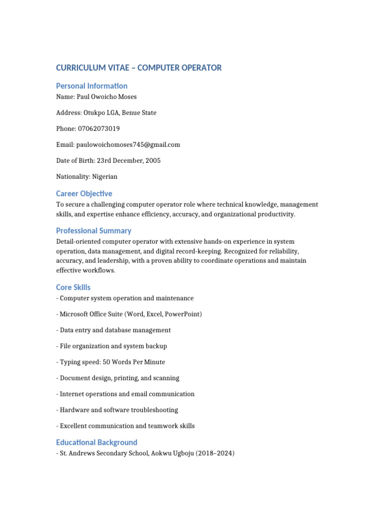 Computer Operator CV - Paul Owoicho Moses | PDF