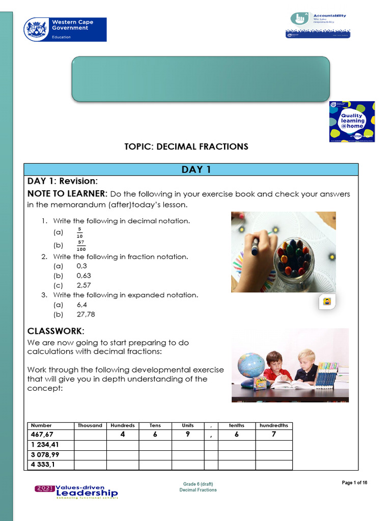 Lesson Plan GR 6 Mathematics Term 2 Week 8 Decimal Fractions Lesson ...