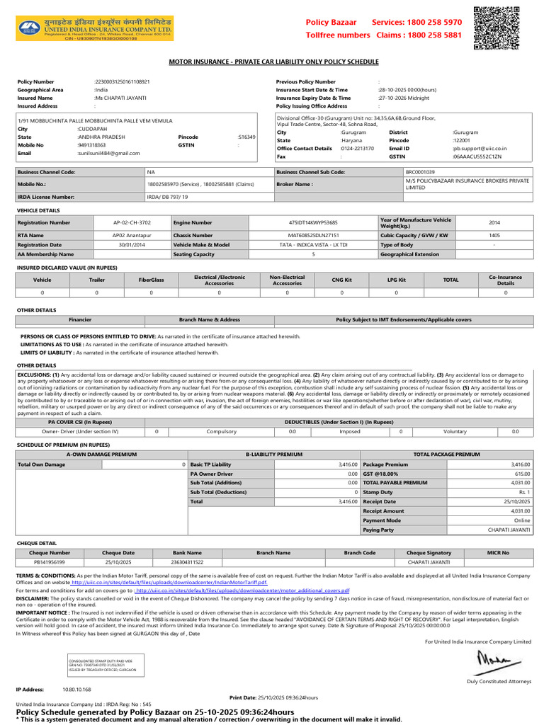 Private Car Liability Insurance Schedule | PDF | Insurance | Cheque