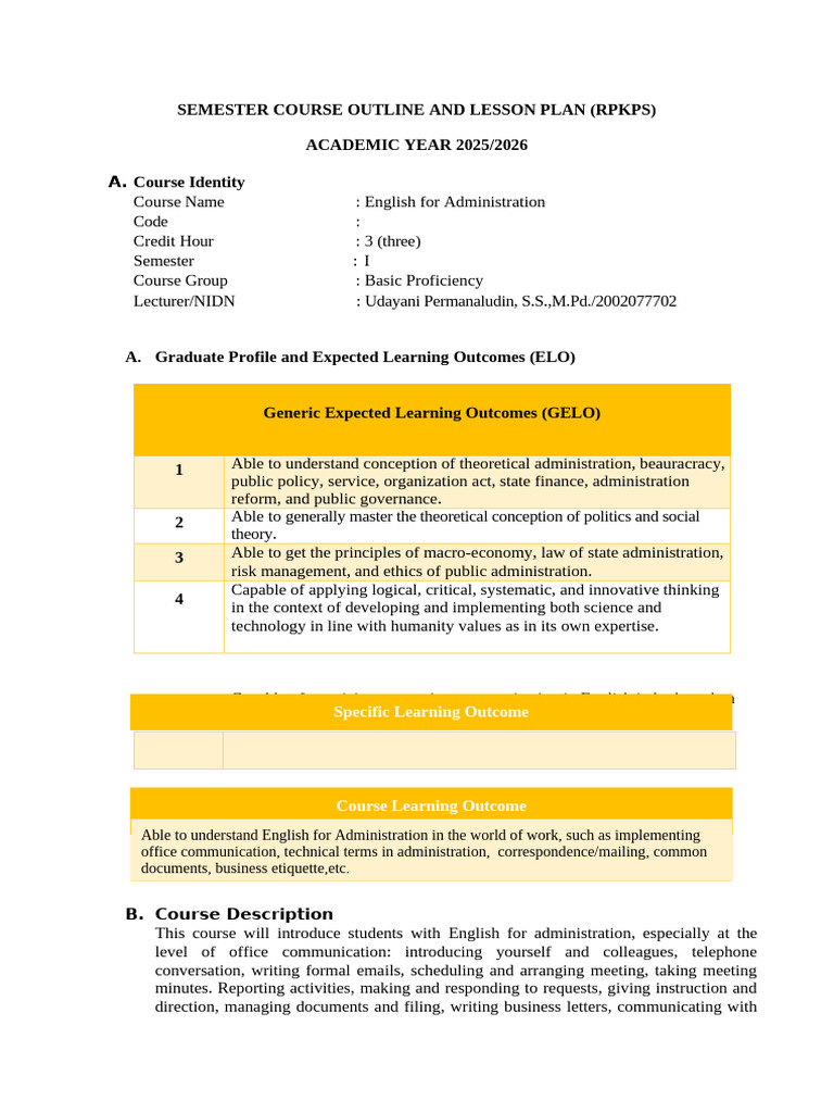 English for Administration Course Outline | PDF | Communication | Lecture