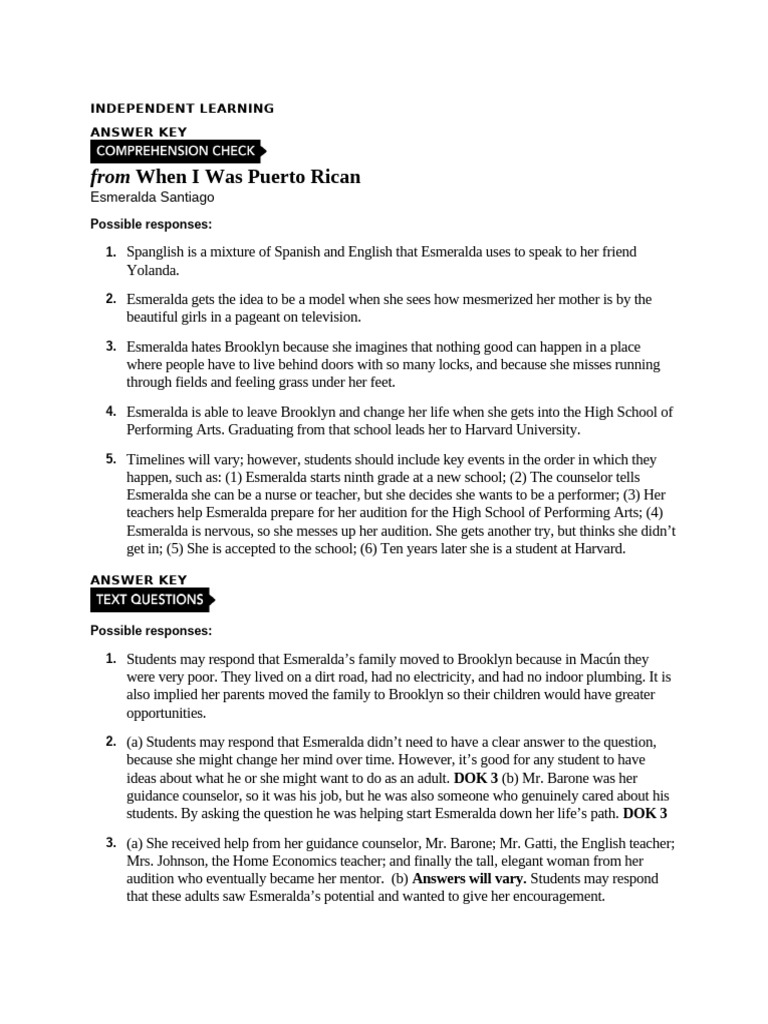 Independent Learning Answer Key: Esmeralda Santiago | PDF