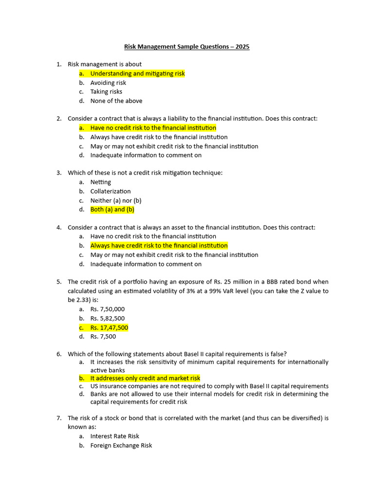 Risk Management Sample Questions - Introduction, Basle Accords and ...