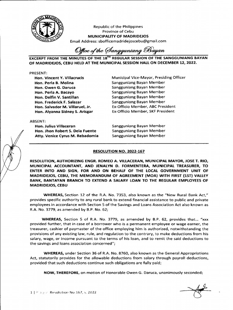 Resolution No. 2022 167 MOA First 1st Valley | PDF