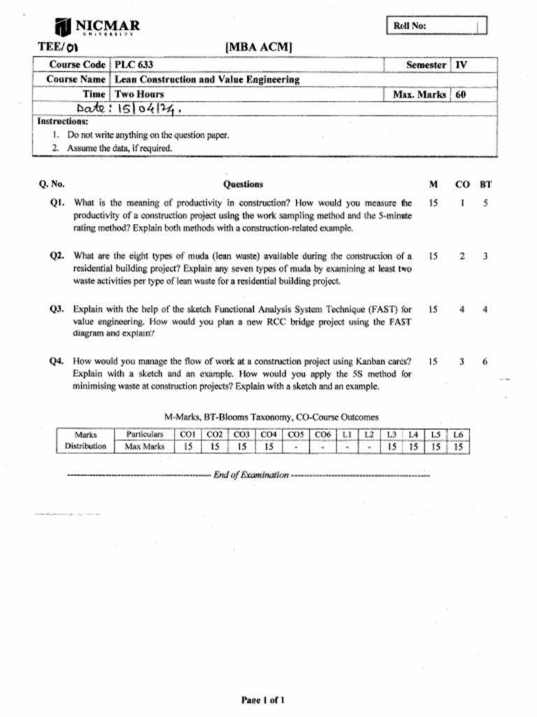 IV Sem MBA ACM April 2024 QP | PDF | Concrete | Net Present Value