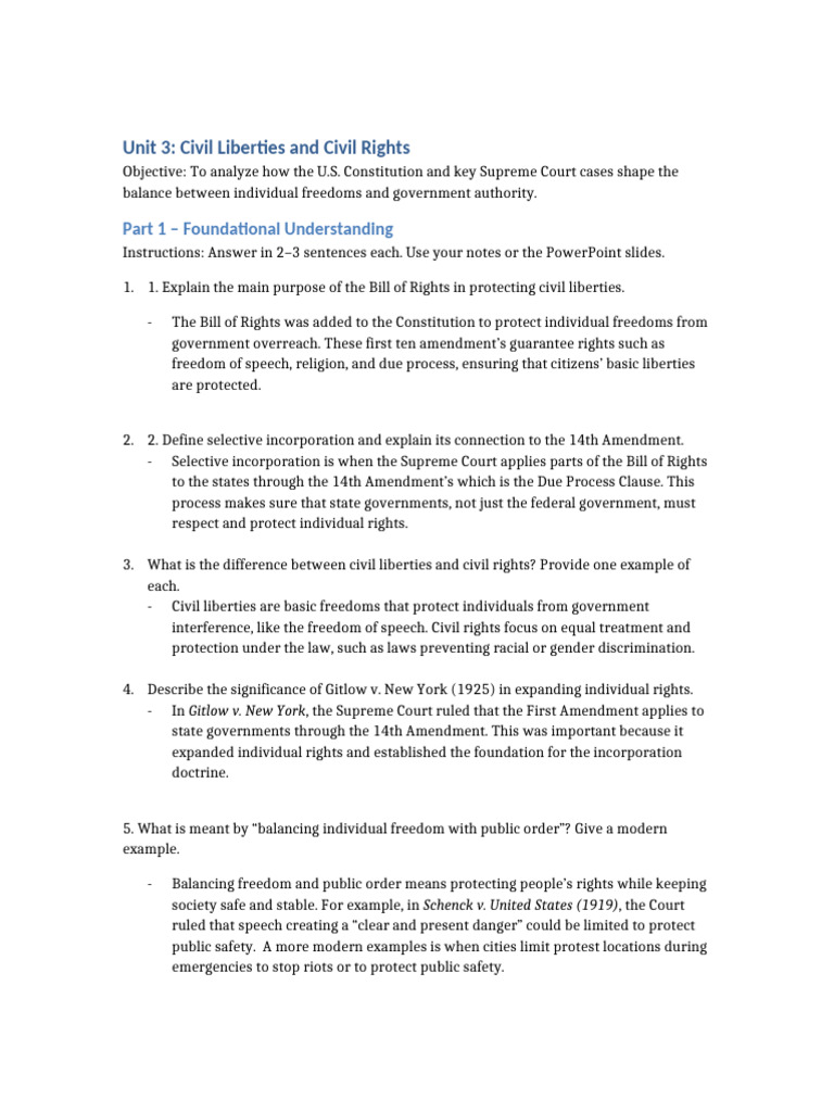 Unit 3 Civil Liberties and Rights Assignment | PDF | Incorporation Of ...