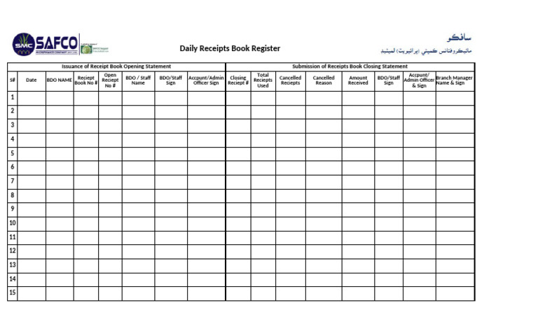 Daily Receipts Book Register Template | PDF